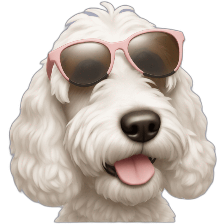 White cockapoo with brown ears rose nose and sunglasses emoji