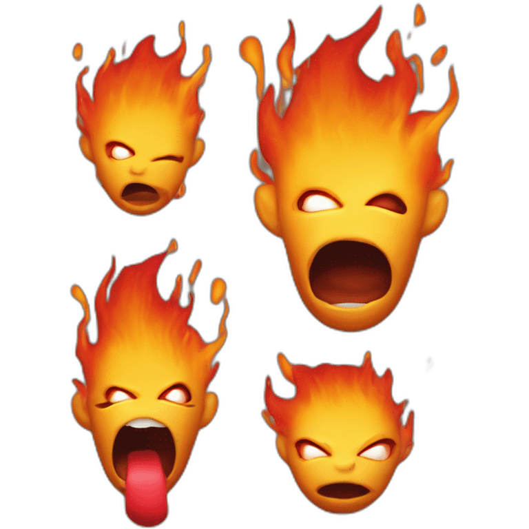 a cartoonish yellow-orange figure with a dome-shaped body, engulfed in orange and red flames at the top, with large dark eyes and a slightly open mouth showcasing a red tongue emoji