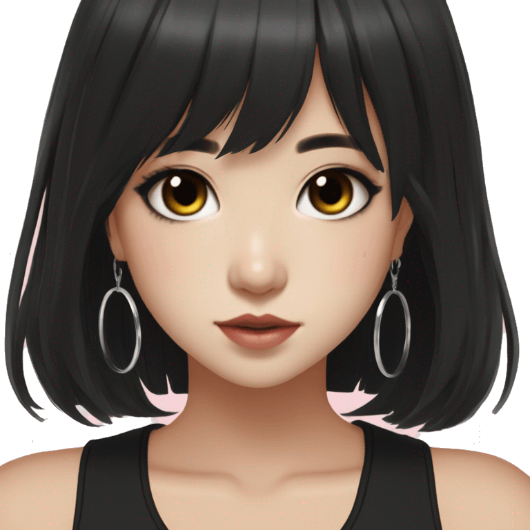 Korean girl, black tank top, black hair, black eyes, layered hair, cool girl, aesthetic, long hair, hime cut, blunt bangs, small silver hoop earrings emoji