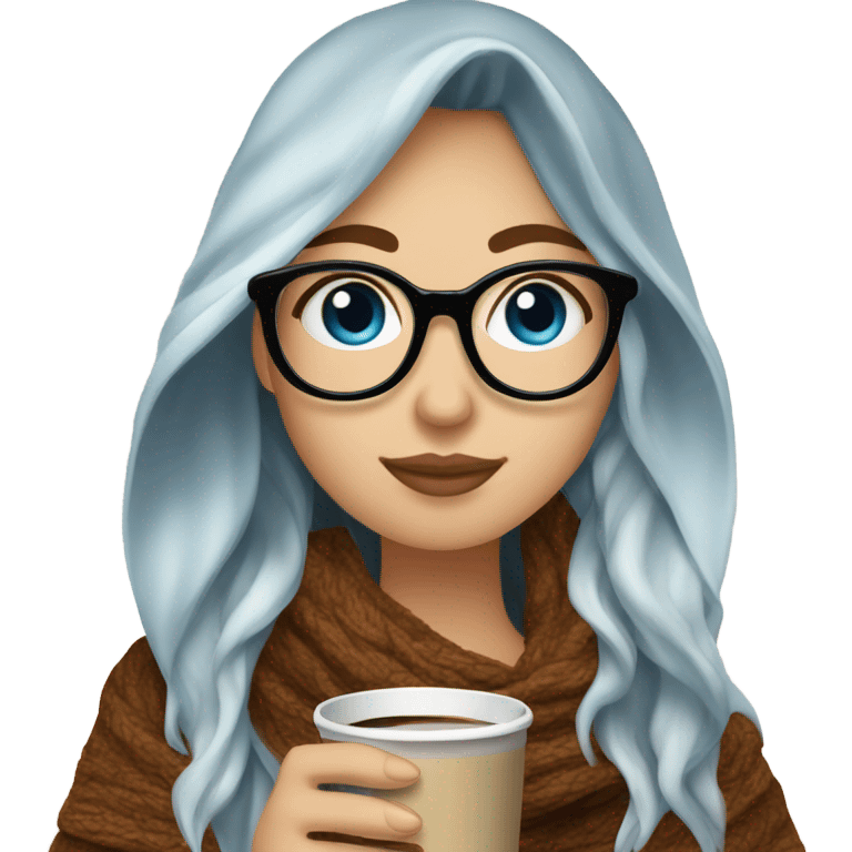 Balayage hair Girl drinking coffee, with a cozy blanket wearing glasses with blue eyes  emoji