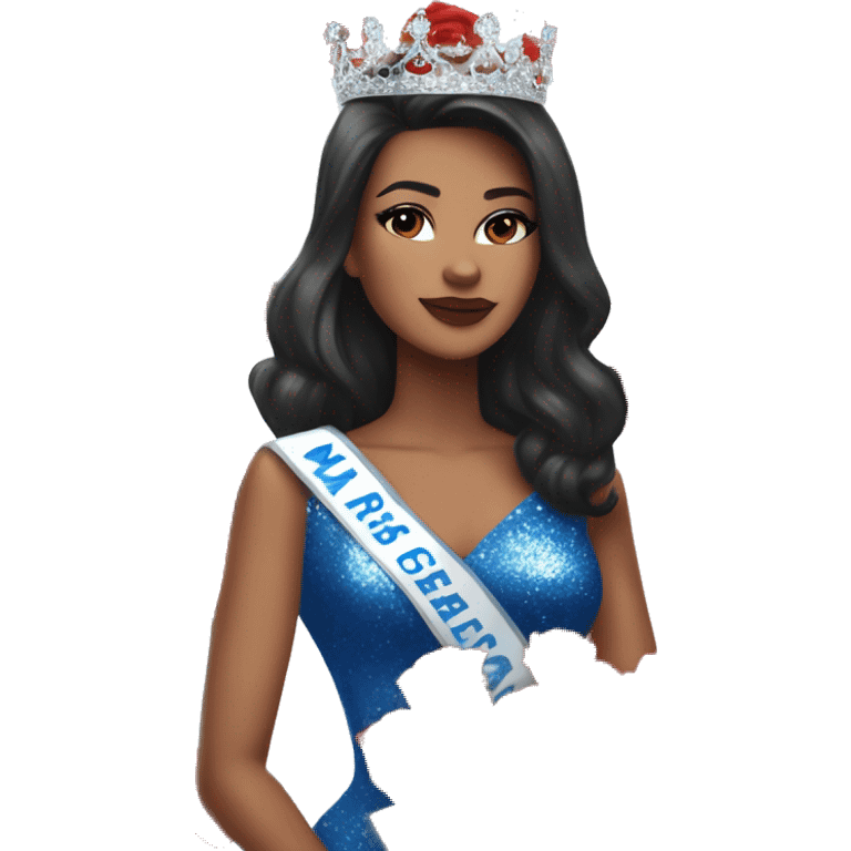 Beauty queen with apricot skin and dark hair, wearing Miss Massachusetts sash and wearing a crown and blue sparkly dress holding red roses emoji