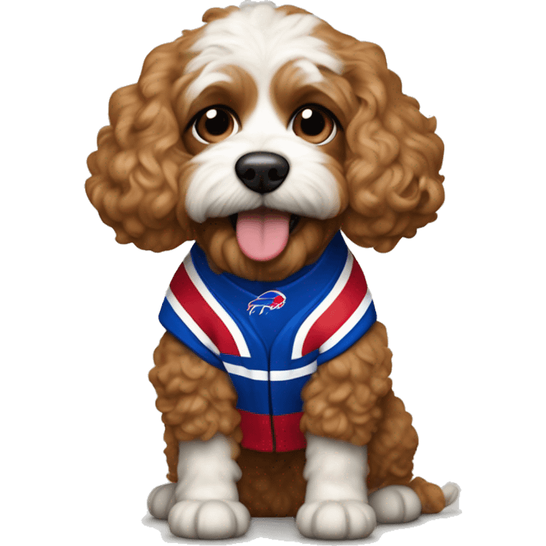 Cavapoochon dog wearing a buffalo bills jersey emoji