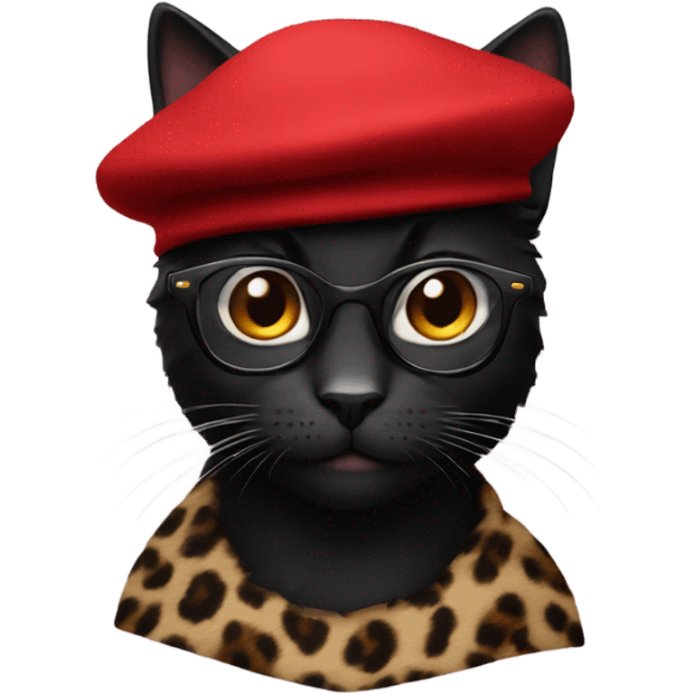 Black cat wearing a red beret with leopard glasses emoji