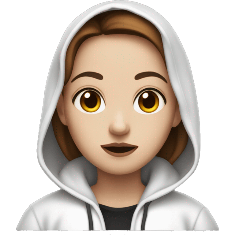 
White hoodie, brown hair, black eyes, slightly overweight girl with vampire make-up emoji