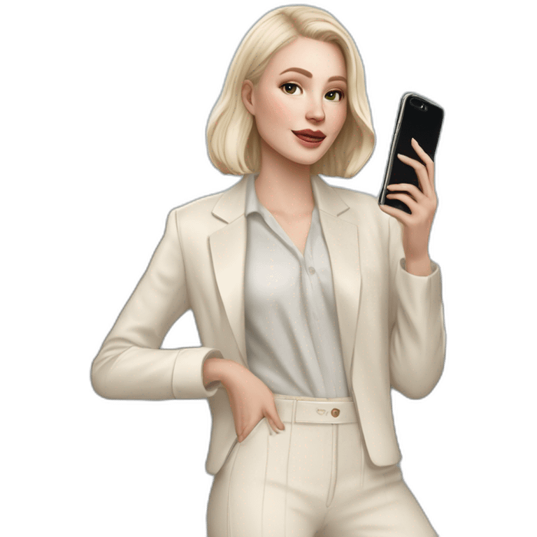 pale skin woman with ash blonde Straightened bob Hair, White Spacious classical jacket, beige palazzo Arrow pants and gray blouse holding white IPhone 15 pro in the hands emoji