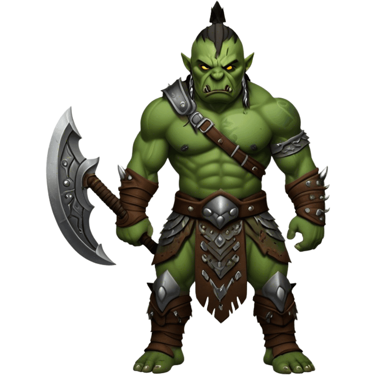 Cinematic Realistic WoW Orc Warrior Portrait, captured in a dynamic, battle-ready stance, muscles bulging beneath intricately detailed tribal armor accented with dark leather and iron. His fierce, determined eyes and battle-scarred green skin are rendered with dramatic natural lighting and high shine, exuding raw, relentless fury in a fierce combat pose. emoji