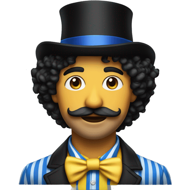 man with shoulder length black curly hair and mustache wearing yellow and blue striped shirt wearing a bit top hat all black emoji