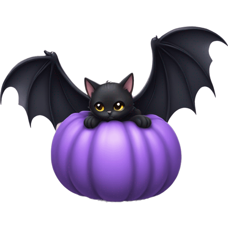 Cute black cat with bat wings sitting on a pumpkin holding a pastel Purple Heart emoji