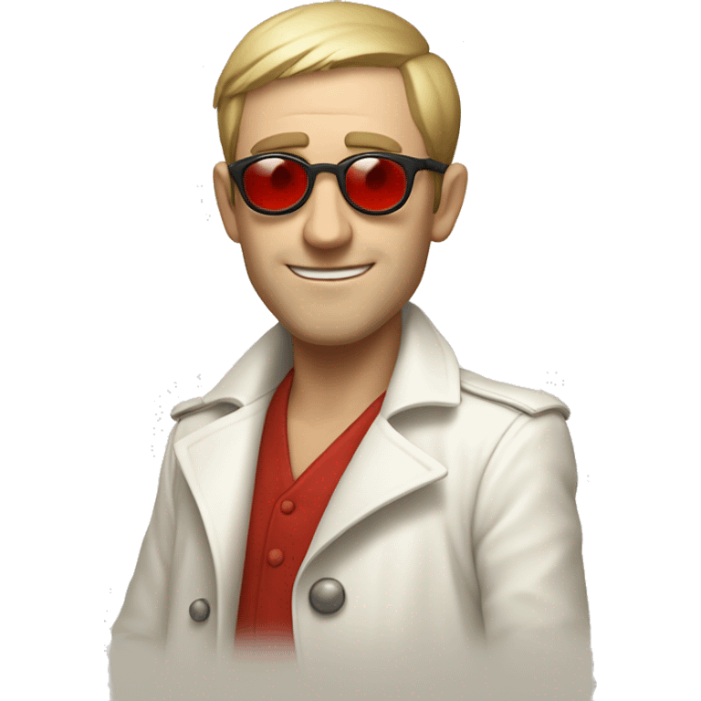 <excerpt>
A white man with real short hair, donning small red tinted sun glasses in a white trench coat, is an alchemist.
</excerpt> emoji