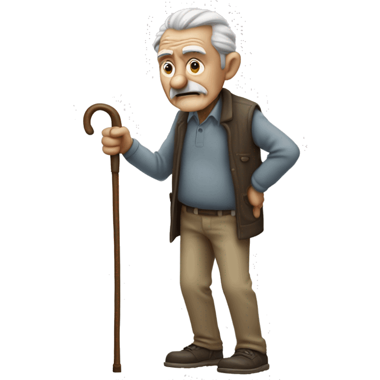 Old man leaning on a walking cane and holding his back with his hand grumpy face, detailed emoji