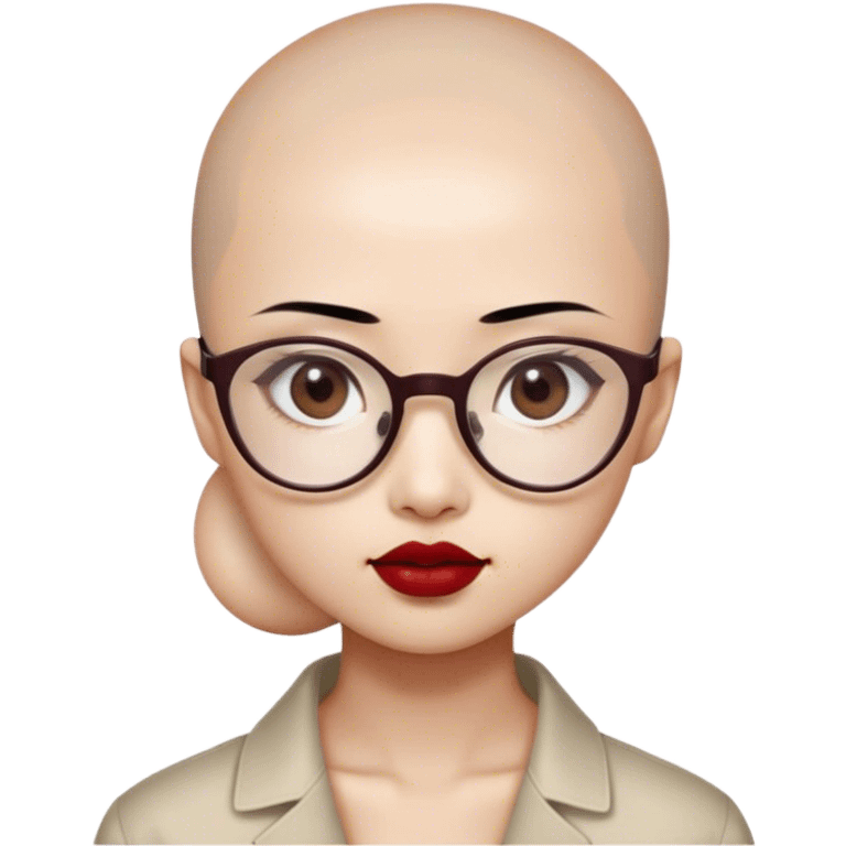 Smile Asian girl with Beige skin small Eyes with slightly upturned corners Eyes slightly close together Dark brown pupils  Bald head, wearing transparent plastic frame glasses  , thin lips with  Dark red lipstick emoji