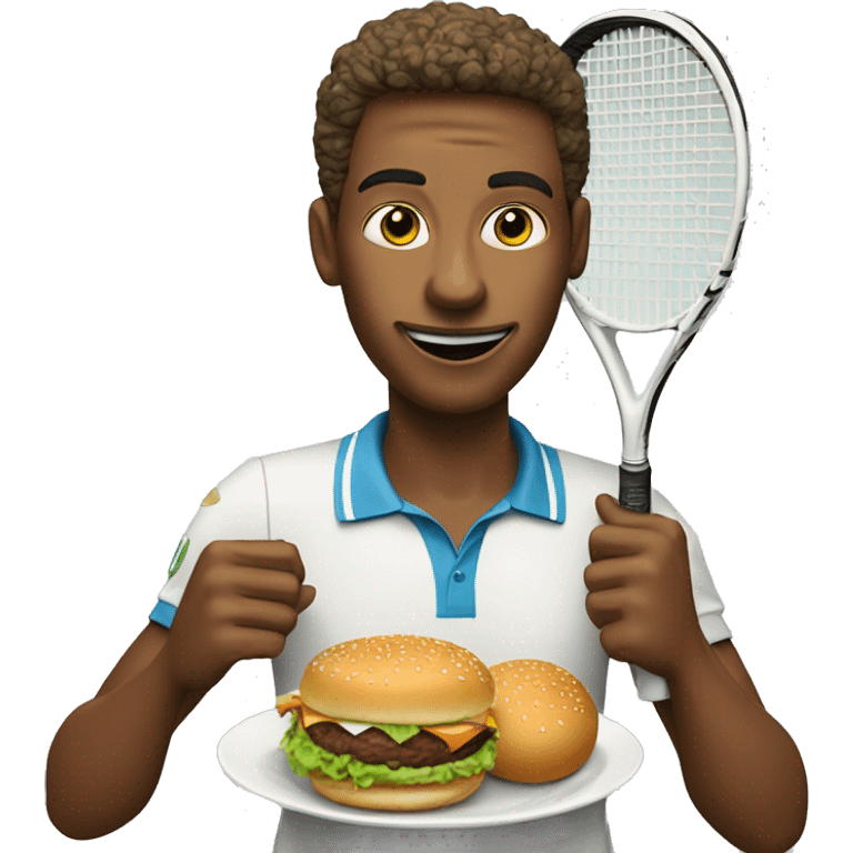 "A tennis player is holding a racket and eating a burger." emoji