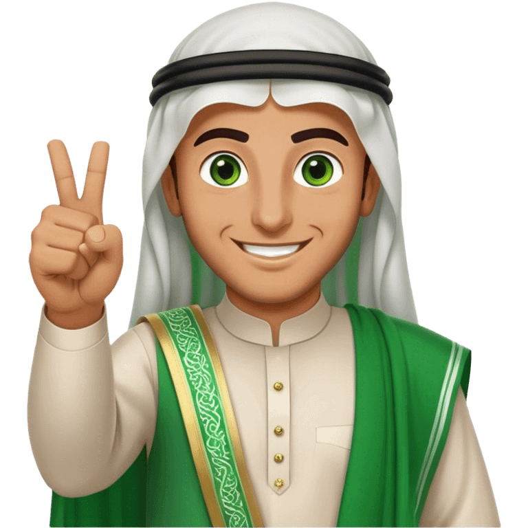 Tanned Arab Saudi man with green eyes, wearing an agal and traditional attire, smiling happily and giving a big thumbs-up emoji