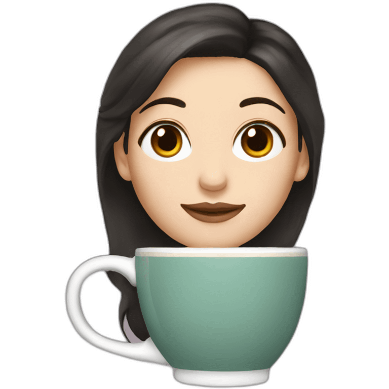 White woman with brownish black hair, hazel eyes and a big mug of tea emoji