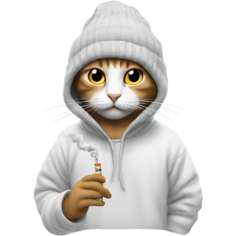 Cat smoking a white cig wearing a beanie with a hoodie on emoji