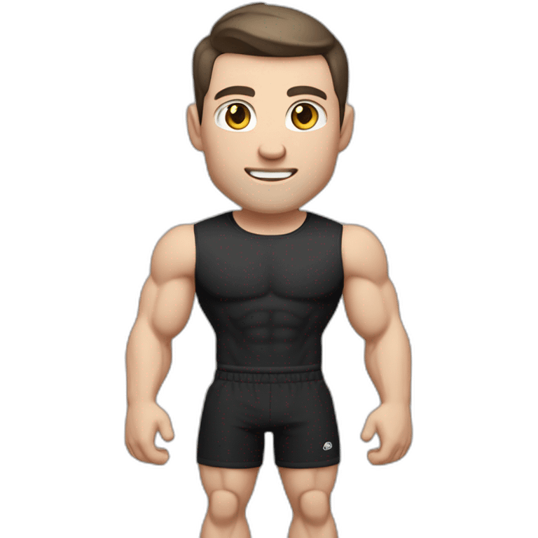 Pale skinned Fit Man With the biceps and dark brown hair in black shirt, gray sports shorts and white Sneakers emoji