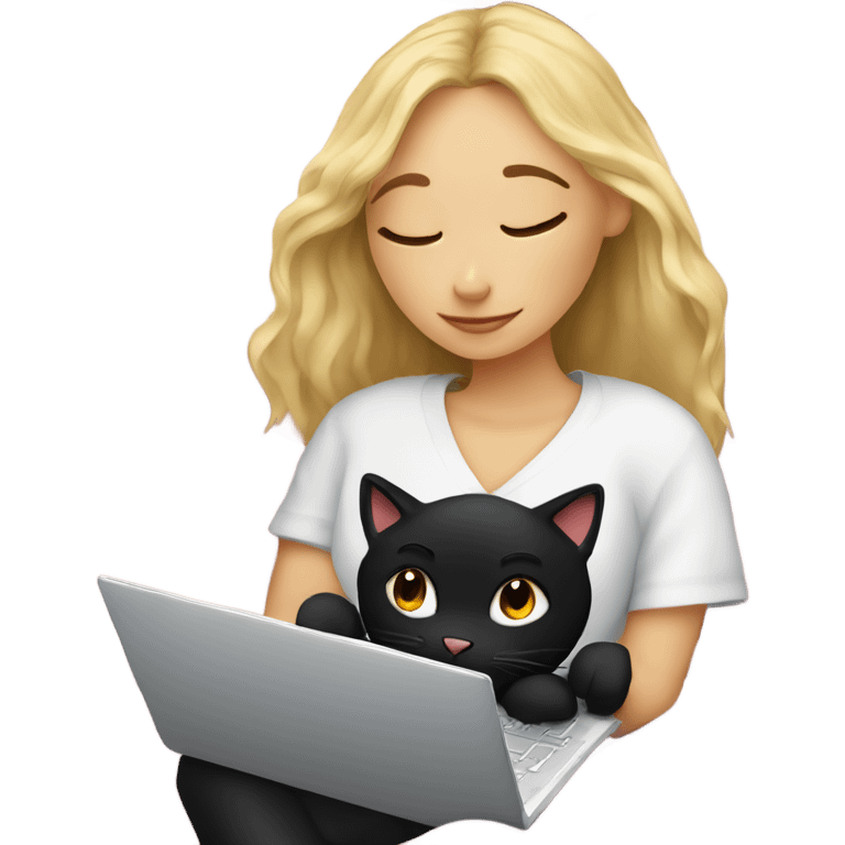 Blonde girl and black cat cozy under blanket with journal and laptop emoji