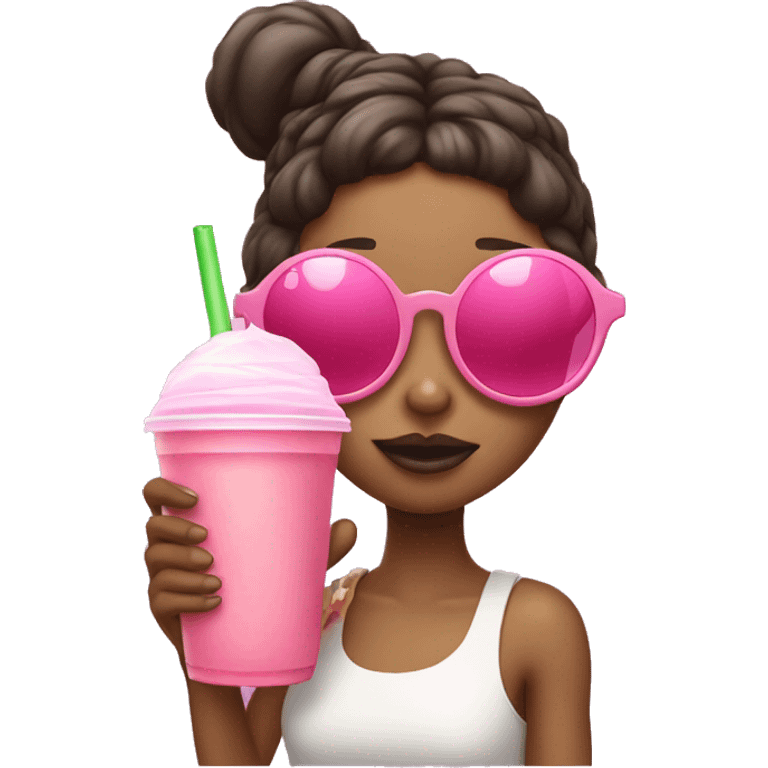 Girl drinking boba with pink heart sunglasses on the top of her head emoji