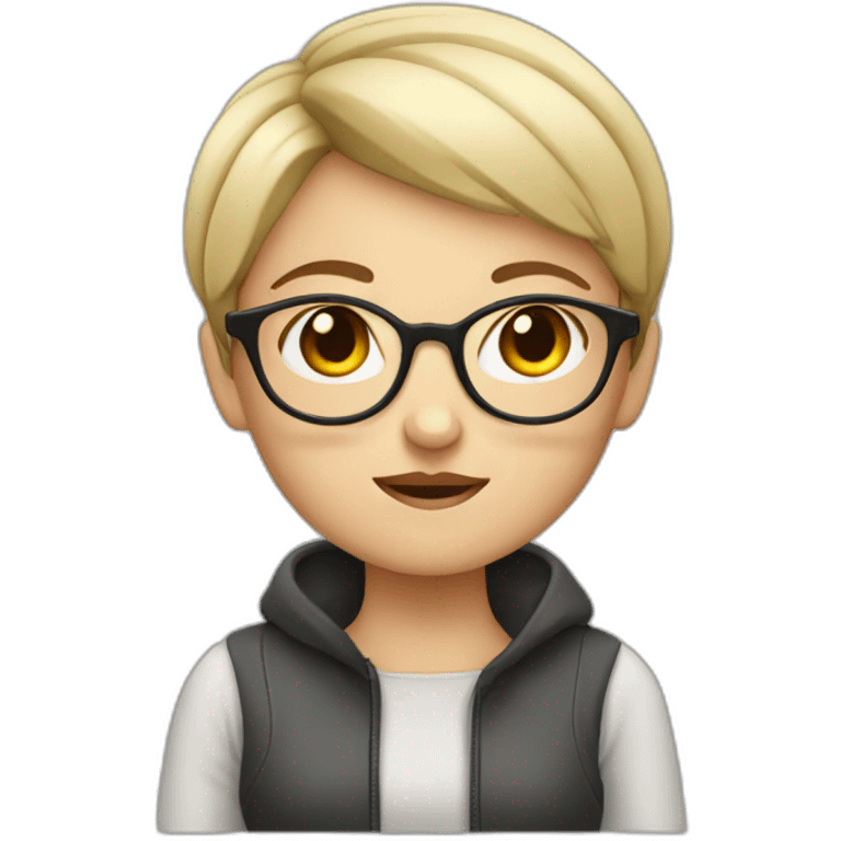 White Girl with short hair and  glasses giving sus expression  emoji