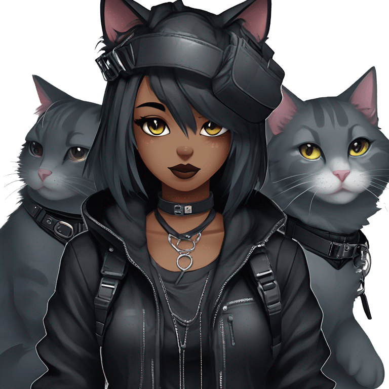 Gorgeous gothic dark techwear cyberpunk anime style sona anthro cat, aesthetic, and pretty edgy black with collar and harness, trending style emoji