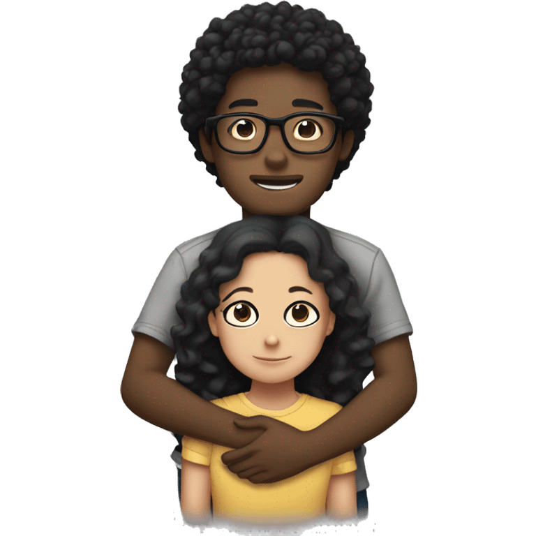 black boy with curly hair and glasses hugging an Asian girl with no glasses emoji