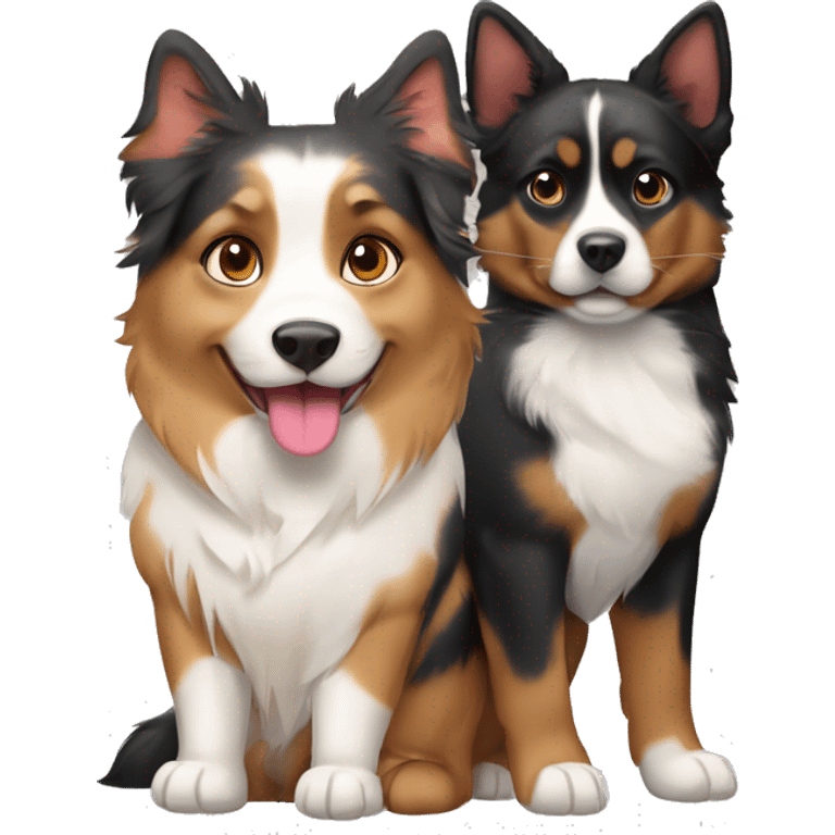 Fat calico cat with a black and tan Australian Shepard dog emoji