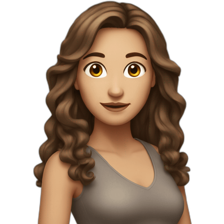 brown-haired woman with long hair, brown eyes, dancer emoji