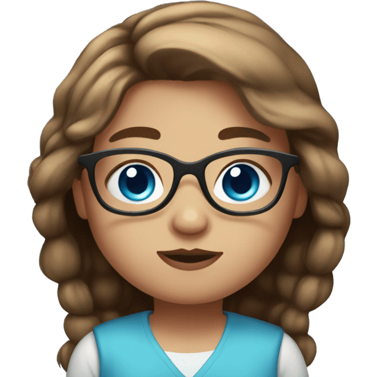 chubby girl with long brown hair, blue eyes and brown glasses emoji