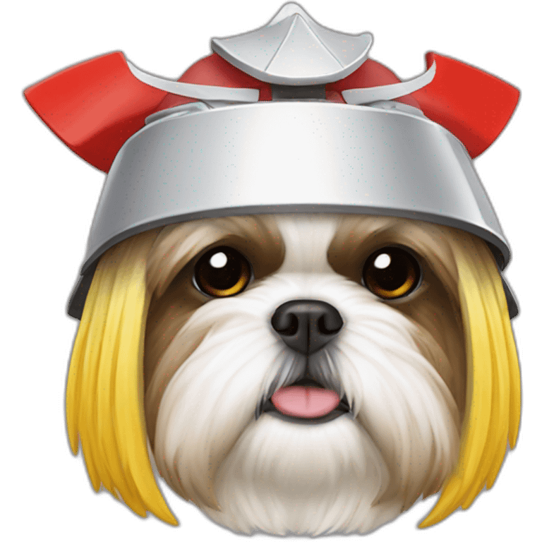 shih tzu wearing red samurai helmet with yellow spikes on top emoji