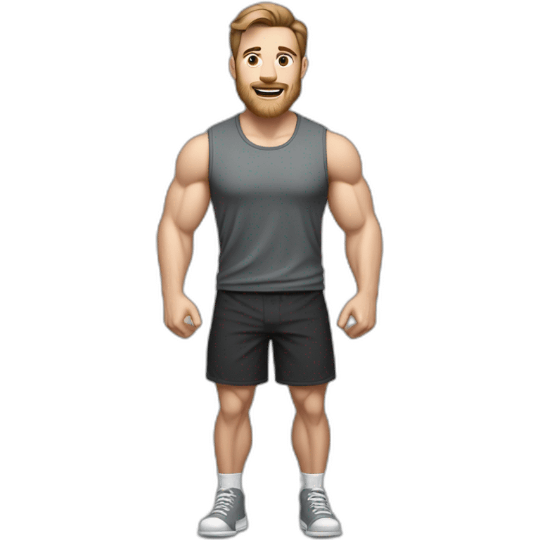 Full height realistic Actively gesturing with hands Pale skinned Fit Man With the biceps and brown hair in dark gray Sleeveless Mike, black oversize sports shorts, watch and white Sneakers emoji