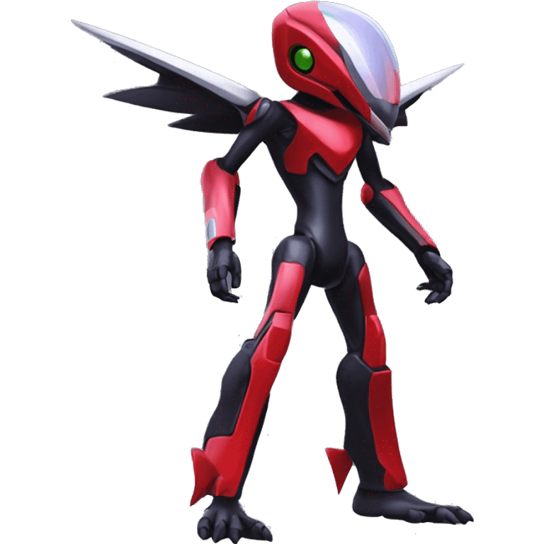 a shiny metallic black-red Genesect-Flygon-Raptor-Fakémon-Medabot-hybrid with a futuristic visor-helmet full body emoji