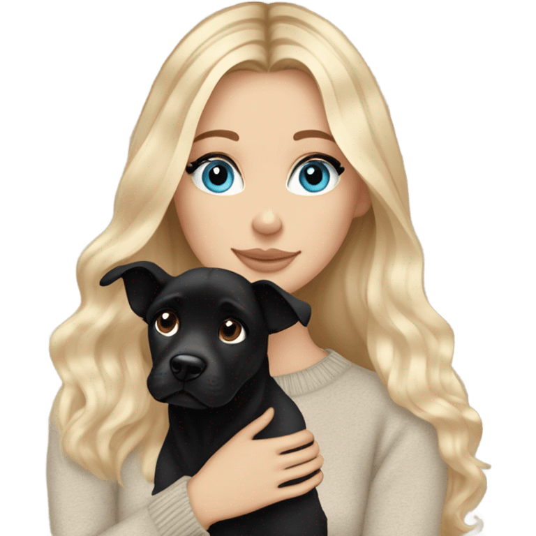 White girl blue eyes Blonde balayage long hair beige sweater cuddling black dog emoji