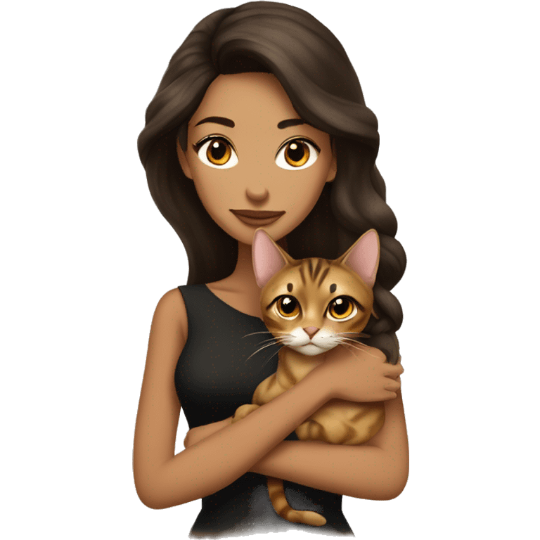 Beautiful skinny woman long dark brown hair in dark dress with gold earrings hug bengal cat emoji