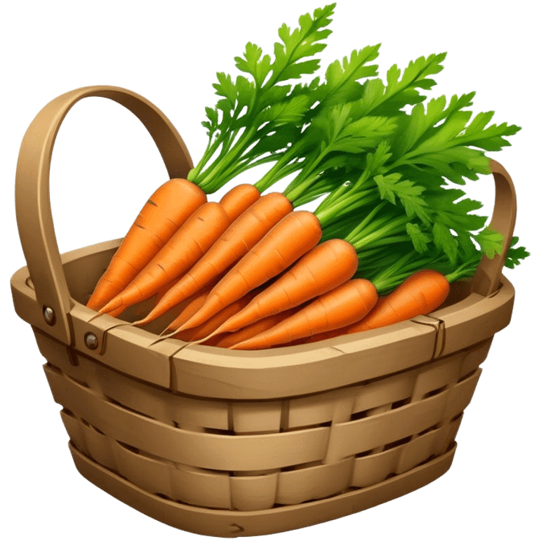 Cinematic vibrant orange carrot, crisp and fresh, slightly twisted with green leafy tops, arranged in a rustic wooden basket, natural and inviting. emoji