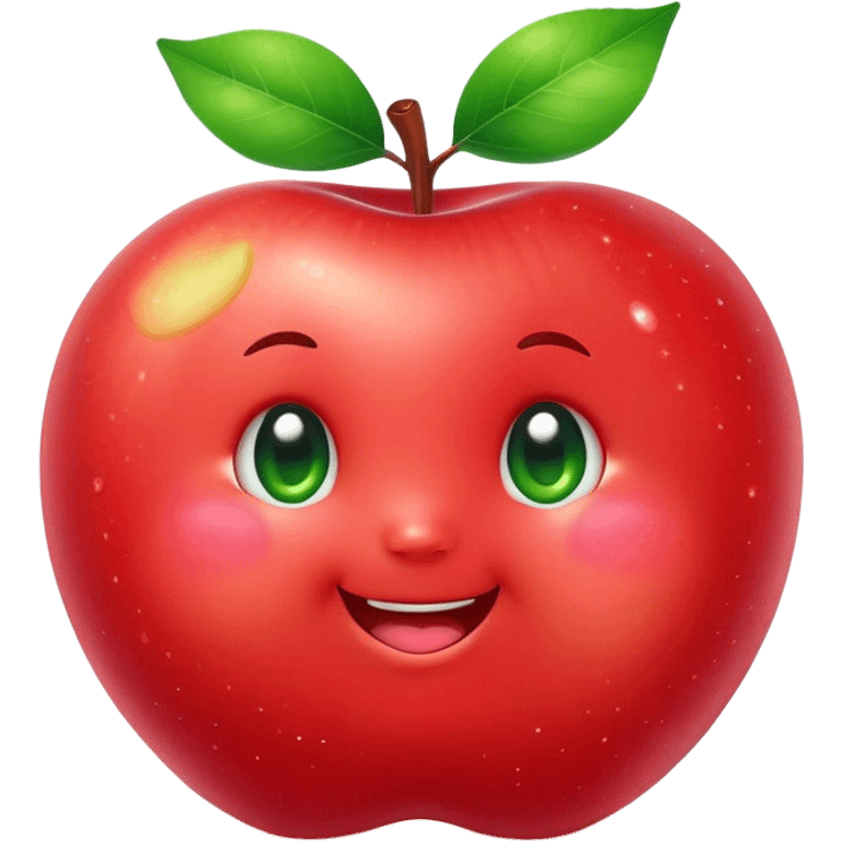 Cute Kawaii Apple, round and plump, bright shiny red with a tiny green leaf, chubby cheeks, sparkling eyes, a happy smile, soft glowing highlights, radiating fresh sweetness! emoji