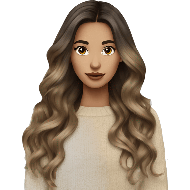 Brünette balayage long hair women beige sweater emoji