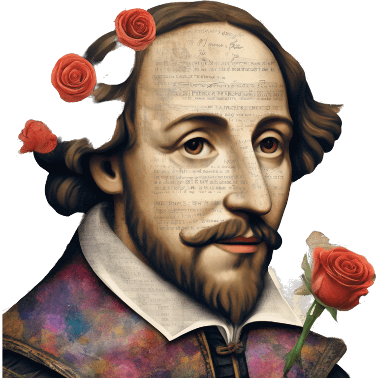 Shakespeare person made of newspaper cuttings wearing flowers, stained glass, fairy lights, bokeh, annotated sketch, handwritten letters, collage of intricate patterns, roses flowers emoji