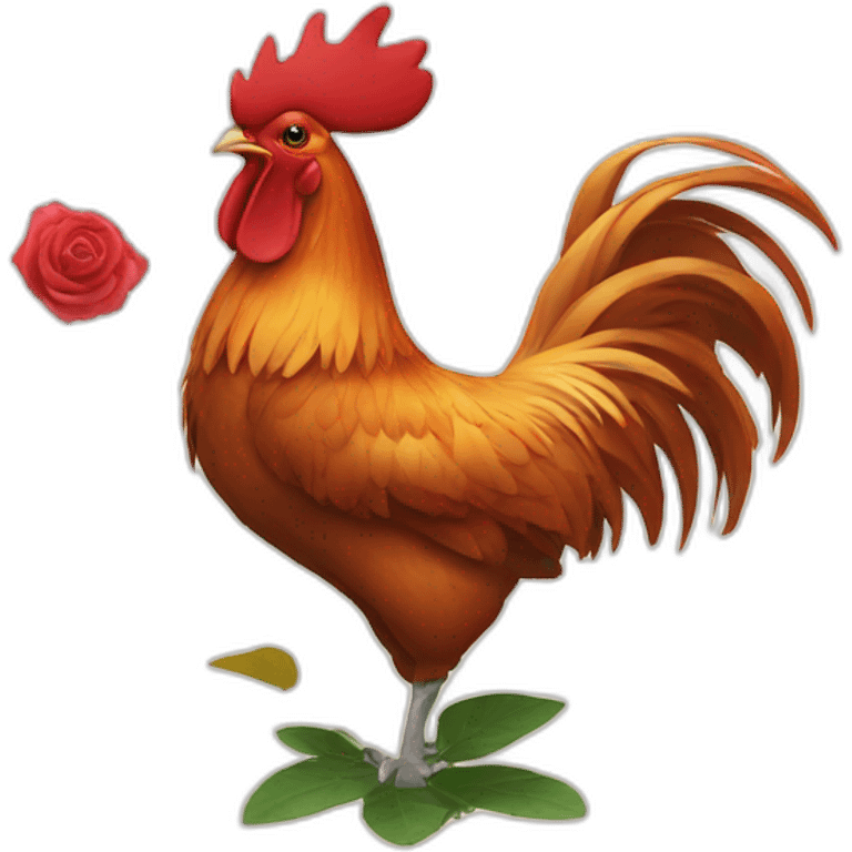 Rooster standing on rose leaves emoji