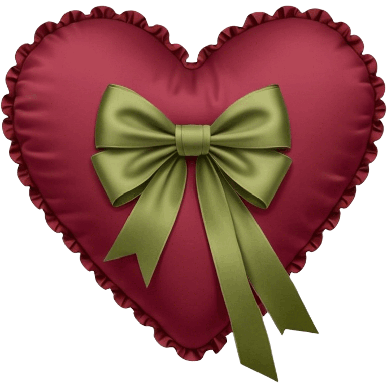 Burgundy heart shaped pillow with ruffles and olive color bow emoji