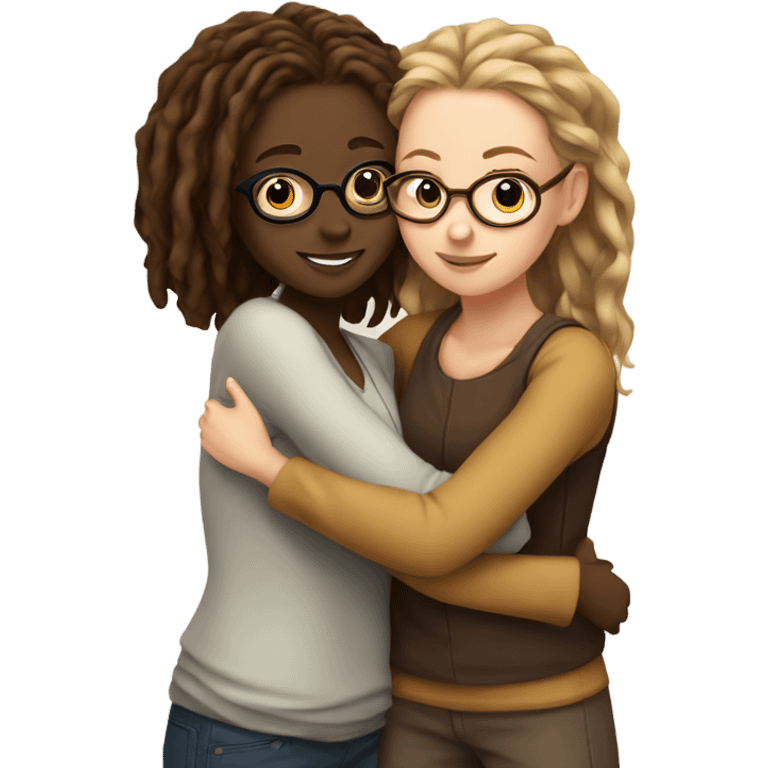 Tan girl with glasses and locs hugging a white girl with brown wavy hair emoji