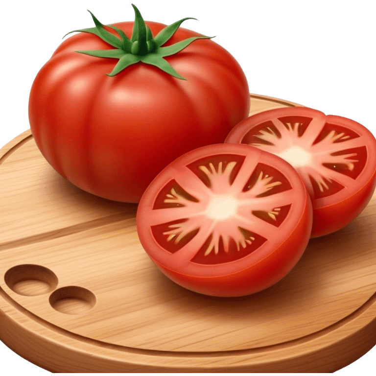 Cinematic juicy ripe tomatoe, deep red, slightly dewy, arranged on a wooden cutting board, soft glowing background, rich and flavorful. emoji