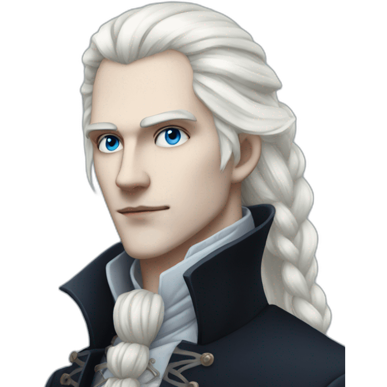 pale male victorian vampire with long white hair in a braid over his shoulder and light blue eyes emoji