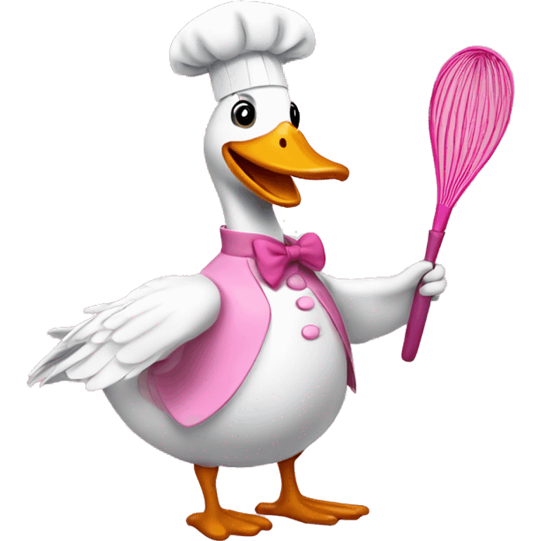 A goose dressed like a pink chef with one whisk in his hand emoji