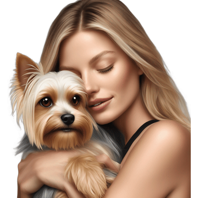 Photo Real pale Victoria secret model cuddling a Yorkshire terrier  emoji