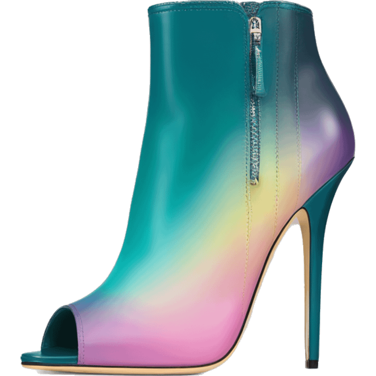 Realistic isolated front view of a pair of dark teal,pastel pink,pastel purple,and yellow ombre Jimmy Choo stiletto peep toe ankle boots. emoji