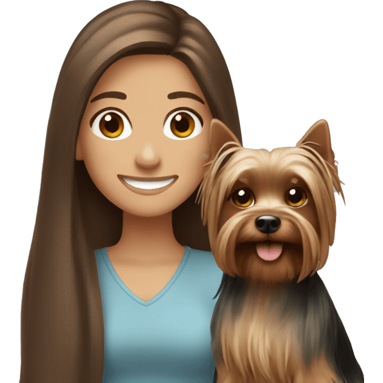 Long brown hair girl smiling with  Yorkshire Terrier emoji