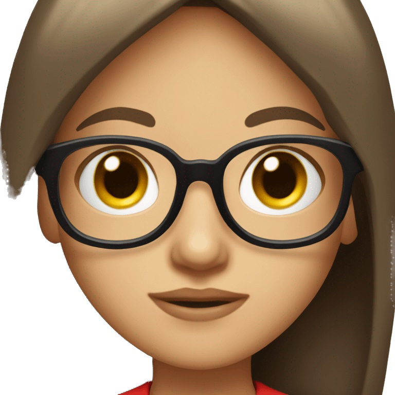 pretty girl with long brown hair and bangs wearing black glasses and a red shirt emoji