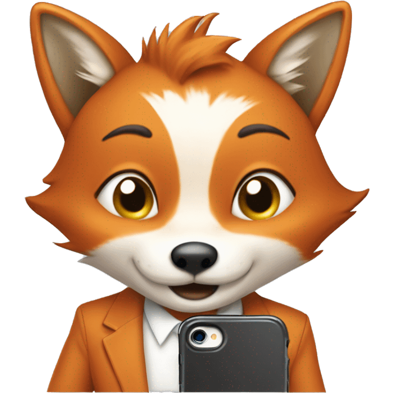 Smart and happy Fox in a shirt stands and uses her favourite app in the phone, a d stares in he phone emoji