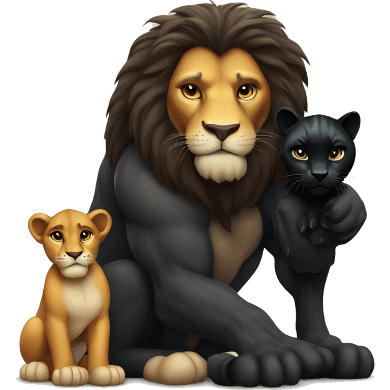 Big serious lion sitting next to a little young black panther emoji