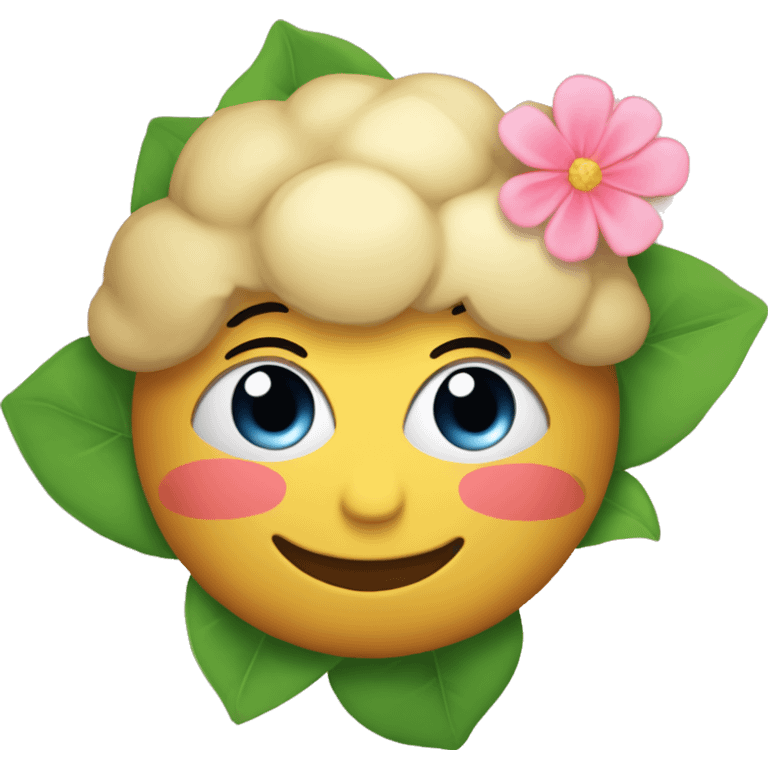 An agry blushing face, with cute eyes, a cupke and a flower emoji